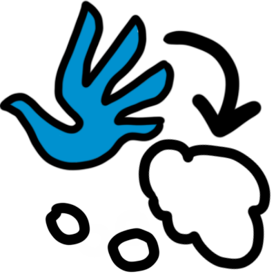 the human rights emblem (a blue handprint shaped like a dove) with a thought bubble below it. an arrow points from the human rights emblem to the thought bubble.